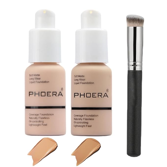 2 Pcs Liquid Foundation Full Coverage 24HR 30ml Matte Oil Control Foundation Makeup Concealer (Buff Beige & Sand) with Kabuki Foundation Brush Flat Top-Velvo Beauty