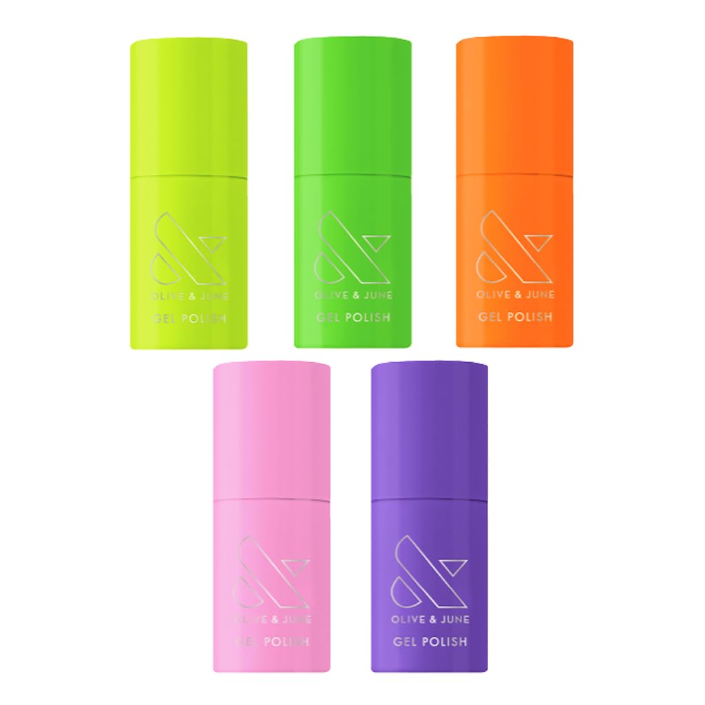 Olive & June Gel Summer Brights Nail Polish Set | UV LED Nail Lamp Needed | 5 Neon Shades: Time to Re-Apply, Cancel My Return Flight, OOO 4Eva, Permanent Vacation, Wish You Were Here-Velvo Beauty