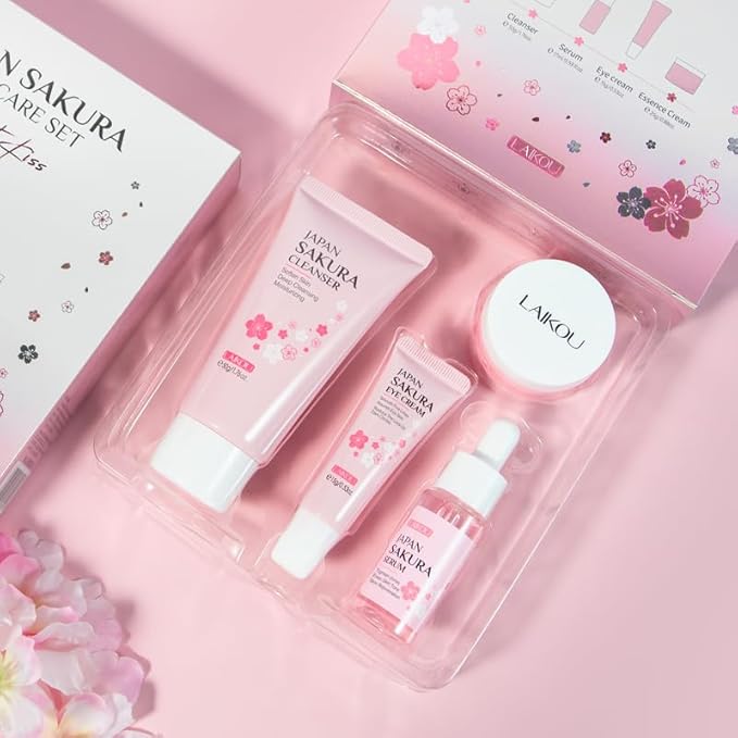 Skin Care Set JAPAN SAKURA Beauty Gift Sets Skin Care Kit with Cleanser, Serum, Eye Cream, Face Cream Travel Kit for Women Mom Wife Teen Girls Gentle Skin Cleaning TSA-friendly Sizes 4pcs-Velvo Beauty