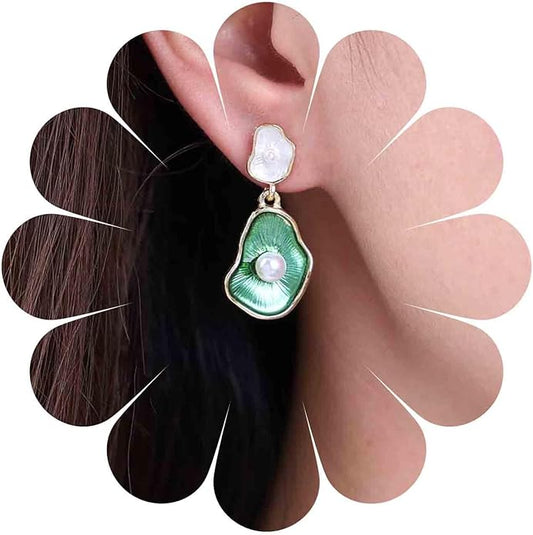 Vintage Lotus leaf Pearl Drop Earrings Green Lotus Leaf Earrings Green Enamel Flower Earrings Gold Irregular Pearl Earrings Jewelry for Women-Velvo Beauty
