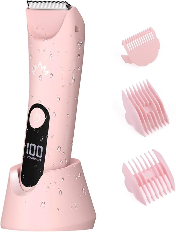 Bikini Trimmer for Women, Painless Pubic Hair Trimmer for Armpit Leg Arm Body Private Area,Rechargeable Womens Electric Razors Shaver LED Light Ceramic Blade IPX7 Waterproof Wet/Dry LCD Display,Pink-Velvo Beauty
