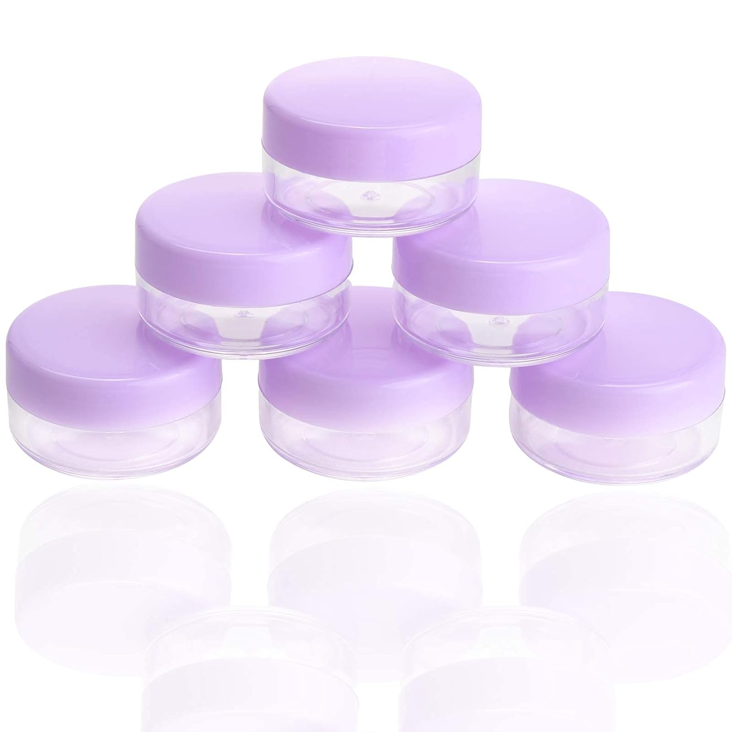 Refillable Cosmetic Sample Jars - 100 Pack 10g (0.35oz) Purple Small Travel Containers with Lids + 10 Mini Makeup Spatulas - BPA Free-Velvo Beauty