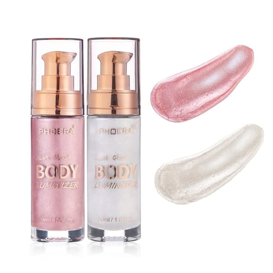 2 Pack PHOERA Shimmer Body Lotion, High Gloss Waterproof Glitter Face Body Luminizer Oil Highlighter Makeup .104# Sparkle Pink&105# White moonbeam-Velvo Beauty