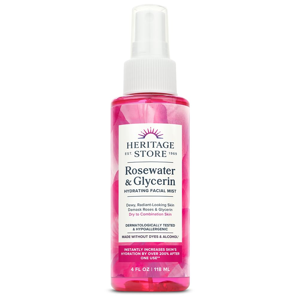 HERITAGE STORE Rosewater & Glycerin Hydrating Facial Mist - Dry Combination Skin Care - Rose Water Spray w/ Vegetable Glycerine, Made Without Dyes or Alcohol, Hypoallergenic, Vegan, Cruelty Free, 4oz-Velvo Beauty