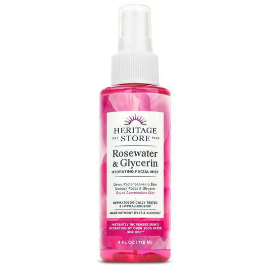 HERITAGE STORE Rosewater & Glycerin Hydrating Facial Mist - Dry Combination Skin Care - Rose Water Spray w/ Vegetable Glycerine, Made Without Dyes or Alcohol, Hypoallergenic, Vegan, Cruelty Free, 4oz-Velvo Beauty
