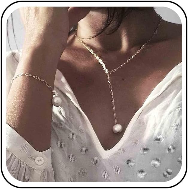 Boho Long Pearl Necklace Gold Lariat Y Necklace Choker Pearl Pendant Necklace Vintage Minimalist Necklace Chain Jewelry for Women and Girls-Velvo Beauty