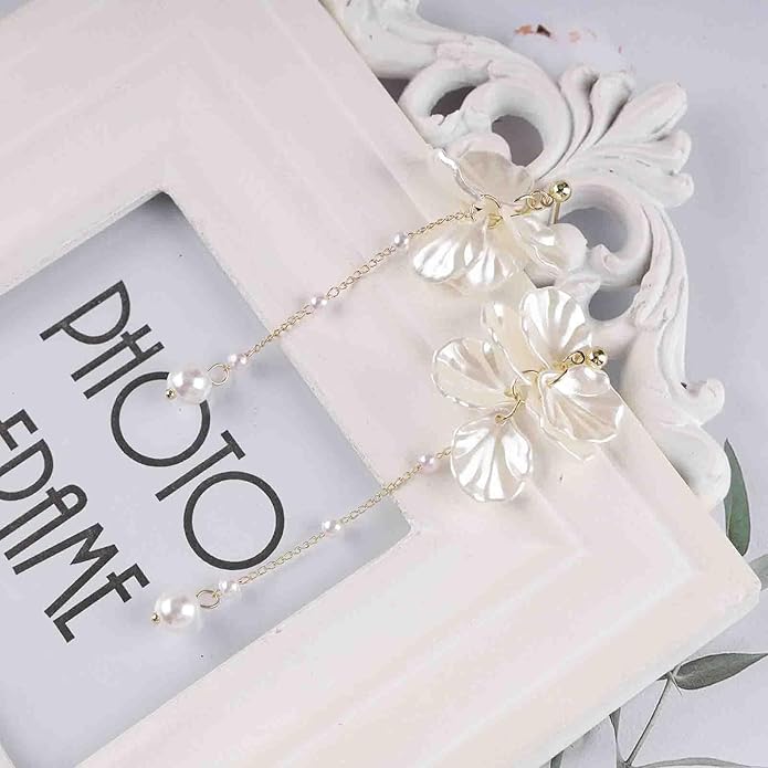 Vintage Pearl Flower Drop Earrings Long Pearl Chain Earrings Gold Pearl Tassel Earrings White Flower Dangle Earrings Jewelry for Women-Velvo Beauty