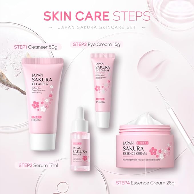 Skin Care Set JAPAN SAKURA Beauty Gift Sets Skin Care Kit with Cleanser, Serum, Eye Cream, Face Cream Travel Kit for Women Mom Wife Teen Girls Gentle Skin Cleaning TSA-friendly Sizes 4pcs-Velvo Beauty