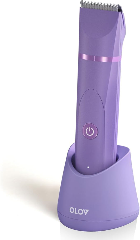 OLOV Electric Body Hair Trimmer - Groin Trimmer for Men - Bikini Trimmer Women - Wet/Dry Shaver Groomer, Replaceable Ceramic Blade Heads, USB Recharge Dock, Waterproof Hygiene Razor, Bright Purple-Velvo Beauty