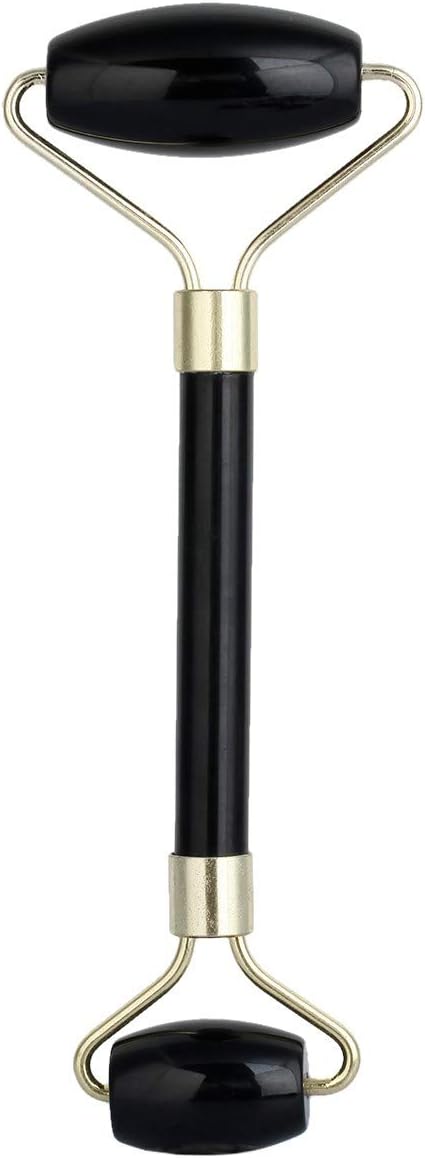 Rockcloud Natural Crystal Stone Roller Massager Double Neck Face & Neck Massage Therapy Anti-Aging Wrinkle Healing Slimming Skincare Tool,Black Obsidian-Velvo Beauty