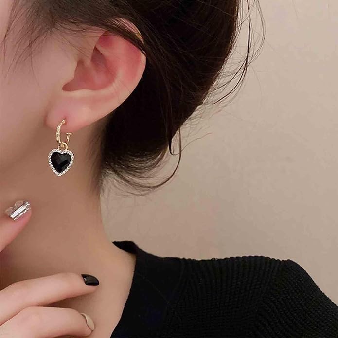 Vintage Crystal Heart Drop Earrings Black Heart Onyx Earrings Black Heart Hoop Huggie Earrings Gold Cz Love Heart Earrings Jewelry for Women-Velvo Beauty