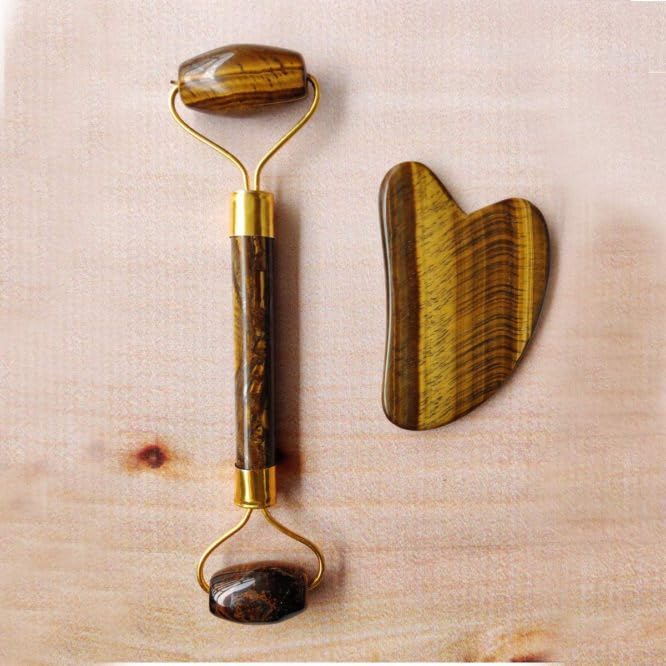 Tiger eye Face Roller and Gua Sha Set - Skin Care Jade Roller and Gua Sha for Women Gifts - Tiger Eye Roller for Face Massage Roller Facial Therepy Lifting Tool Anti Aging Beauty (Tiger Eye)-Velvo Beauty