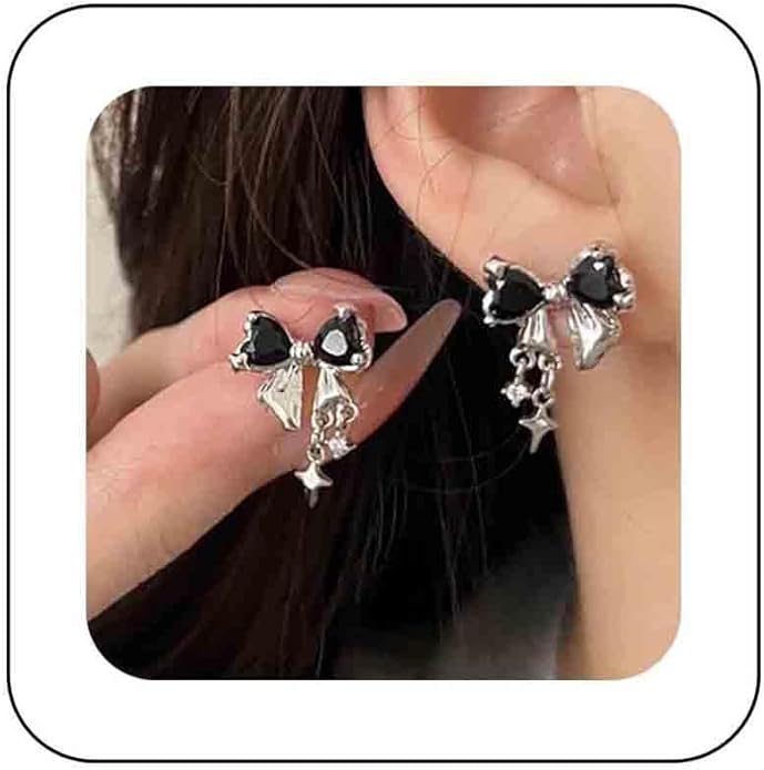 Vintage Crystal Bow Earrings Black Onyx Stud Earrings Silver Tiny Cross Drop Earrings Sparkly Cz Rhinestone Bow Earrings Jewelry for Women-Velvo Beauty