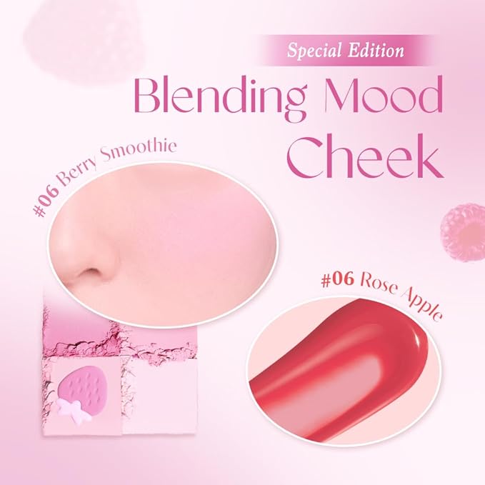 Dasique Blending Mood Cheek Special Edition #06 Berry Smoothie with FREE Juicy Dewy Tint Mini #06 Rose Apple | 4 Blendable Shades in Lightweight Smooth Powder | Korean Makeup-Velvo Beauty