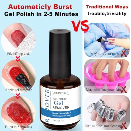 LOUINSTIC 2×15 ml Easy & Quick Gel Nail Remover Kit – Professional Gentle Acetone-Free Gel Polish Remover for Nails in 2–5 Minutes, No Soak or Foil, Includes Nail File – Home DIY Manicure & Travel-Velvo Beauty