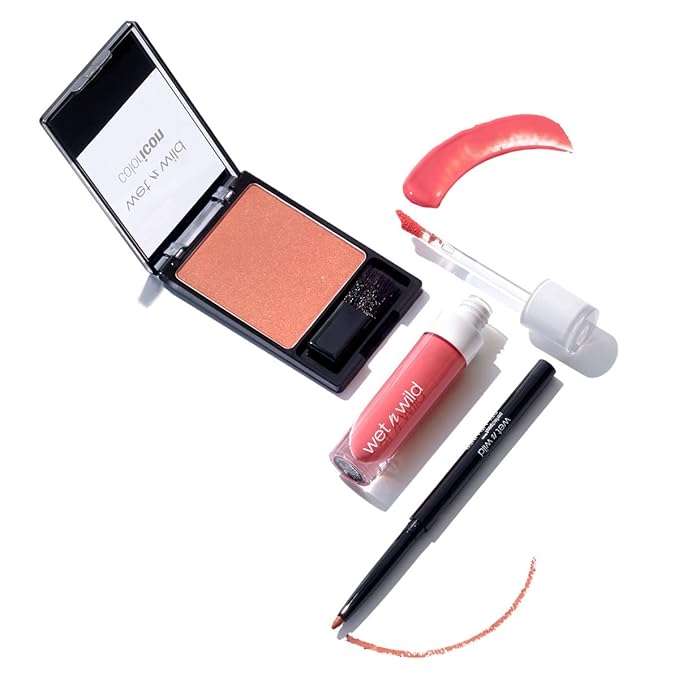 wet n wild Edit Makeup Set Peaches And Cream MegaLast Liquid Catsuit Peach Style, Color Icon Blush Pearlescent Pink, Perfect Pout Gel Lip Liner Think Flamingo-Velvo Beauty