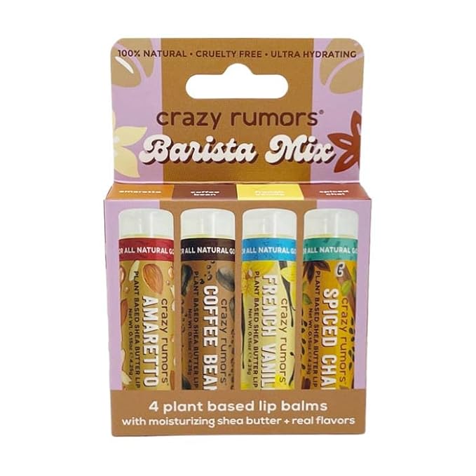 Crazy Rumors Barista Mix Lip Balm 4-Pack Mix (Amaretto, French Vanilla, Coffee Bean & Spiced Chai) 100% Natural, Vegan, Plant-Based, Made in USA-Velvo Beauty