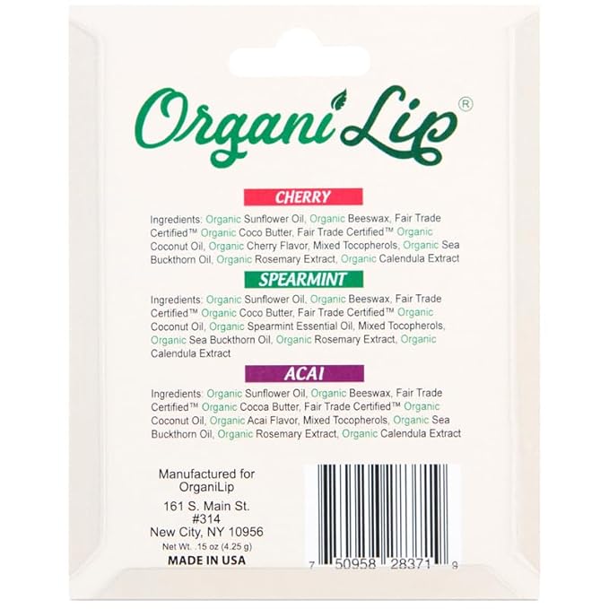 OrganiLip Organic Lip Balm, Variety3 Pack (Spearmint, Cherry, Acai), Ultra Hydrating Lip Moisturizer for Dry Lips, USDA Certified Organic,-Velvo Beauty