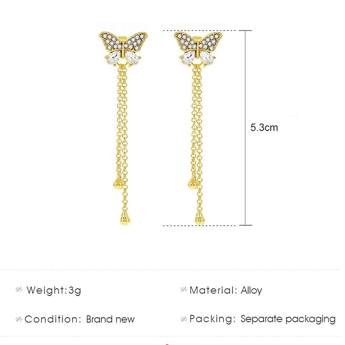 Vintage Crystal Butterfly Stud Earrings Gold Long Chain Earrings Thin Drop Chain Earrings Cz Paved Butterfly Earrings Retro Hanging Chain Earrings Jewelry for Women and Girls-Velvo Beauty