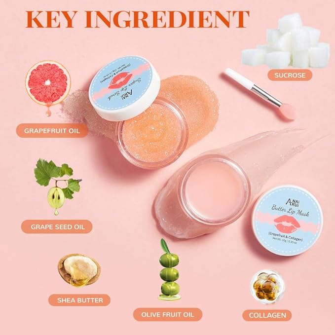 ANAIRUI Lip Mask Set, Lip Exfoliator Scrub & Moisturizer,Grapefruit Lip Care Kits With Lip Sleeping Mask & Sugar Lip Scrub, Lip Overnight Plumper Set for Dry, Chapped Lips-Velvo Beauty