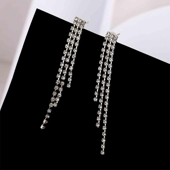 Boho Rhinestone Tassel Earrings Long Fringe Drop Dangle Earrings Silver Crystal Chain Tassel Earrings Vintage Chandelier Chain Studs Earrings Luxury Statement Earrings Jewelry for Women and Girls Gifts-Velvo Beauty