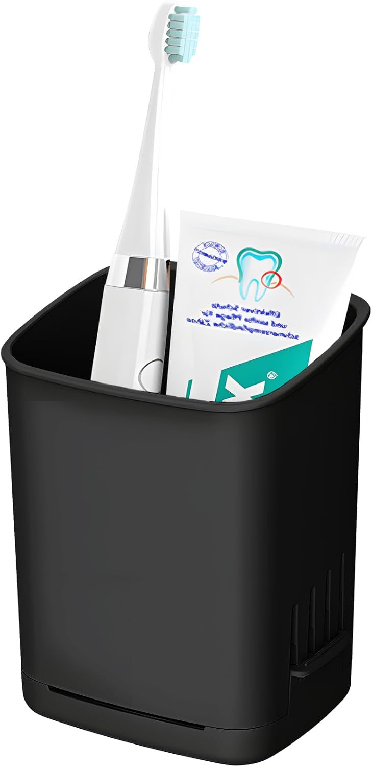 Toothbrush Holder Cup Wall Mounted Drill-Free for Bathroom Shower Electric Toothbrush Toothpaste Razor Holder Removable Waterproof Sturdy Self Draining, Tableware Holder for Kitchen(1pcs&Black)-Velvo Beauty