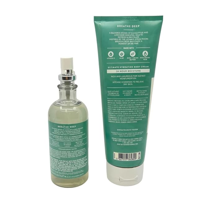 Bath & Body Works Aromatherapy Breathe Deep Eucalyptus & Lavender Gift Set with a Red Bow for Holidays & Gifts – Essential Oil Mist & Body Cream-Velvo Beauty