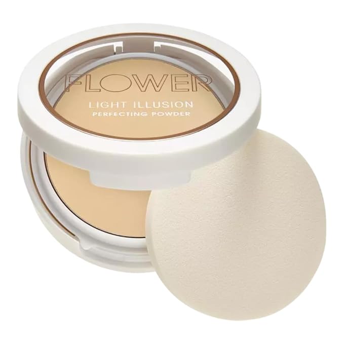 FLOWER Beauty By Drew Barrymore Light Illusion Perfecting Powder - Powder Foundation + Setting Powder for Makeup - Medium Buildable Coverage - Natural Glow + Flawless Finish - Mirror + Sponge Include d (Sable)-Velvo Beauty