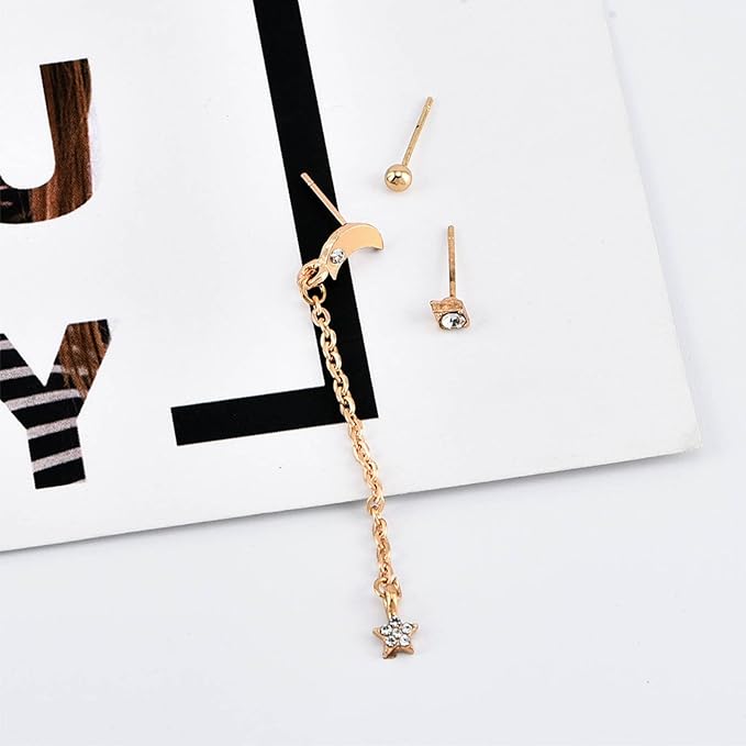 Bohemia Moon Star Dangle Earrings Gold Cz Moon Drop Chain Earrings Crystal Star Earrings Star Chain Earrings for Women and Girls-Velvo Beauty