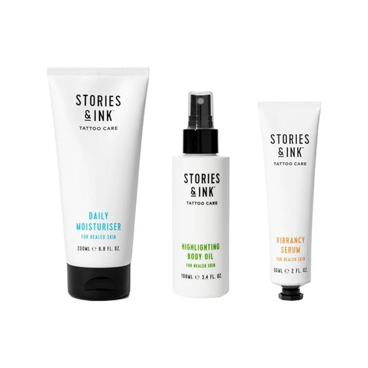 Stories & Ink Tattoo Care | THE ORIGINALS PACK | Fade-Fighting Regimen (Daily Moisturizer + Hydrating Body Oil + Vibrancy Serum) | Completely Hydrates, Highlights and Defines your Ink-Velvo Beauty