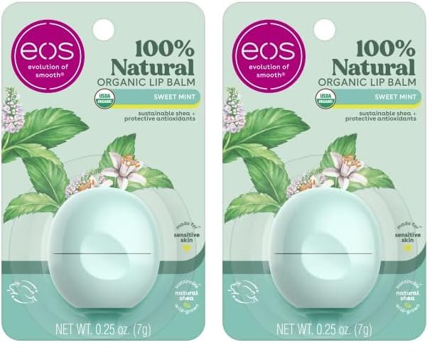eos 100% Natural & Organic Lip Balm- Sweet Mint, Dermatologist Recommended, All-Day Moisture, Made for Sensitive Skin, Lip Care Products, 0.25 oz (Pack of 2)-Velvo Beauty