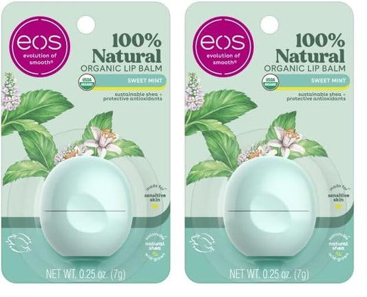 eos 100% Natural & Organic Lip Balm- Sweet Mint, Dermatologist Recommended, All-Day Moisture, Made for Sensitive Skin, Lip Care Products, 0.25 oz (Pack of 2)-Velvo Beauty