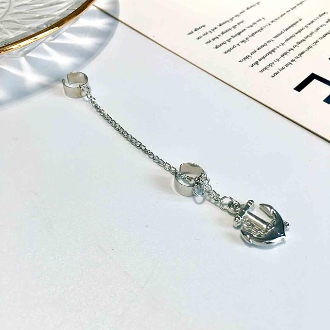 Anchor Chain Cuff Earrings Silver Anchor Dangle Chain Earrings Helix Chain Cartilage Earrings Non Piercing Earrings Jewelry for Women and Girls-Velvo Beauty