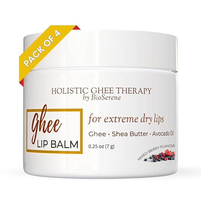 Natural Lip Balm For Very Dry Lips | Pack of 4 | Moisturizing Ghee, Shea Butter, Beeswax, Coconut Oil, & Jojoba Oil | Hydrating Lip Care For Chapped Lips, After Sun Care | Bioserene-Velvo Beauty