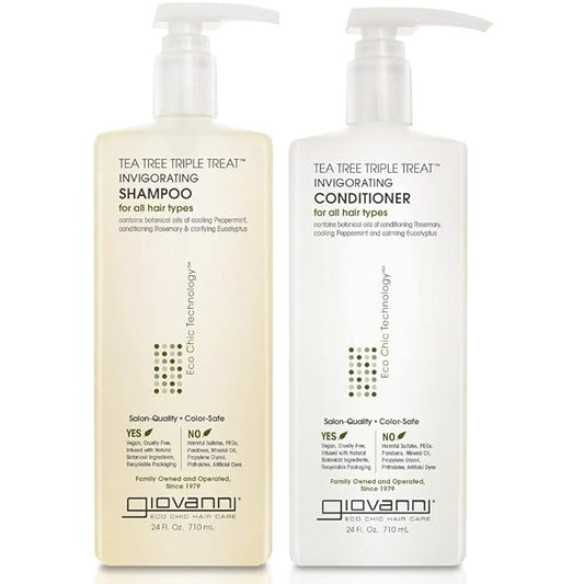 GIOVANNI Tea Tree Triple Treat Invigorating Shampoo & Conditioner Set - Cooling Peppermint, Eucalyptus, Rosemary, Helps Dry, Flaky Scalp, Salon Quality, Vegan, Cruelty Free, Paraben Free - 24 oz Each-Velvo Beauty