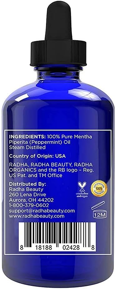 Radha Beauty Peppermint Essential Oil 4 oz - 100% Pure & Therapeutic Grade, Steam Distilled for Aromatherapy, Fresh Minty Scent, DIY Projects, Candles, Sprays and Fragrance-Velvo Beauty