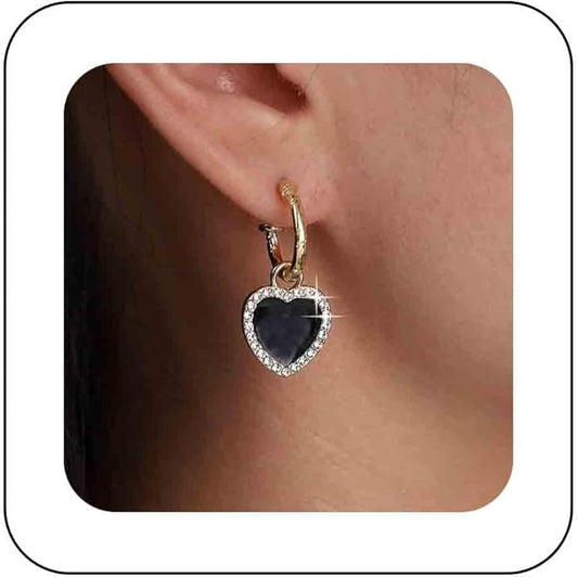 Vintage Crystal Heart Drop Earrings Black Heart Onyx Earrings Black Heart Hoop Huggie Earrings Gold Cz Love Heart Earrings Jewelry for Women-Velvo Beauty