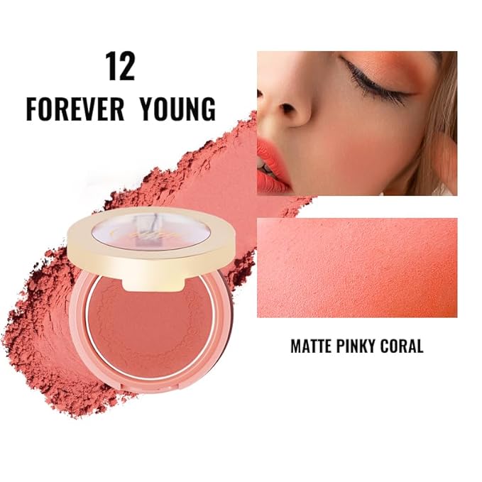 Oulac Blush Face Coral Matte | Pigmented Powdery Cream Blusher Warm Skin Light Medium| Natural Matte | Light Weight&Blendable| Cruelty-Free Blush| 12 Forever Young 4.8g-Velvo Beauty