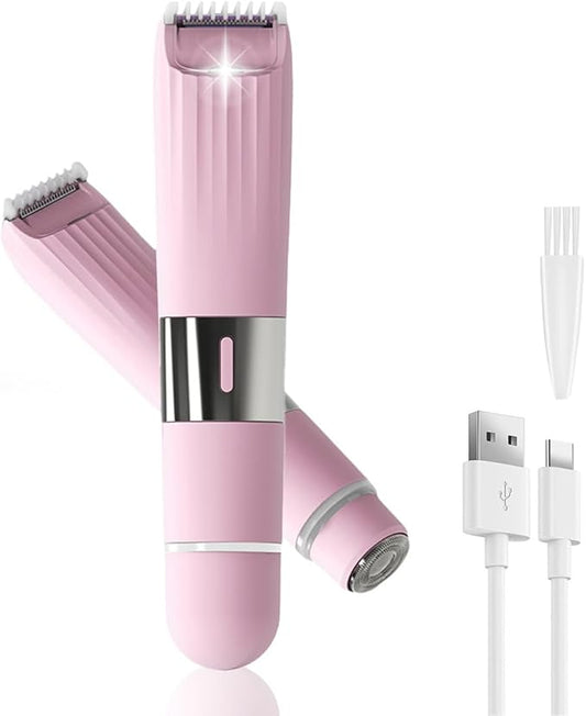 Dual-Head Body Trimmer for Women,2 in 1 Women Electric Shaver,IPX7 Waterproof Close Shaver and Facial Hair Remover for Body,Arm Bikini Face Leg-USB C Charge Wet & Dry Use-Bulit in Light-Velvo Beauty
