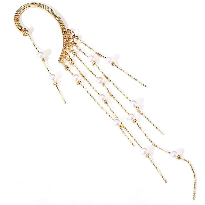 Boho Pearl Ear Wrap Earrings Gold Pearl Ear Cuff Earrings Long Drop Tassel Pearl Earrings Festival Gothic Earrings Non Piercing Ear Climber Cartilage Earrings Jewelry for Women and Girls-Velvo Beauty