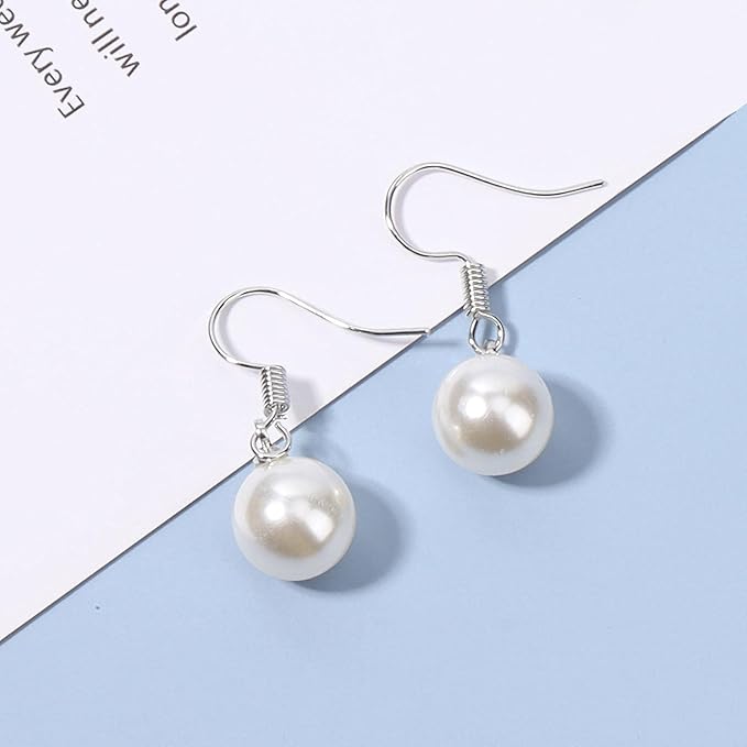 Boho Pearl Hook Earrings Freshwater Pearl Drop Earrings Silver Round Dangle Earrings Bridal Earrings Jewelry for Women and Girls Bridesmaid Gifts-Velvo Beauty