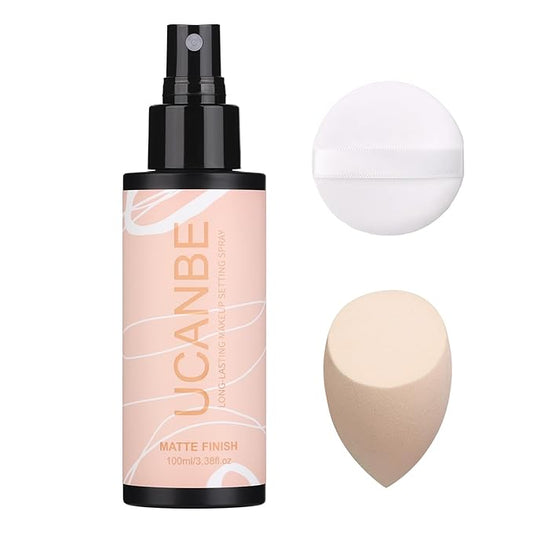 Long Lasting Makeup Setting Spray Kit - 3.38 Fl oz Super Matte Finish Setting Mist Lightweight Face Make up Fixer for Oily Skin + 1PC Sponge Puff + 1PC Powder Puff-Velvo Beauty