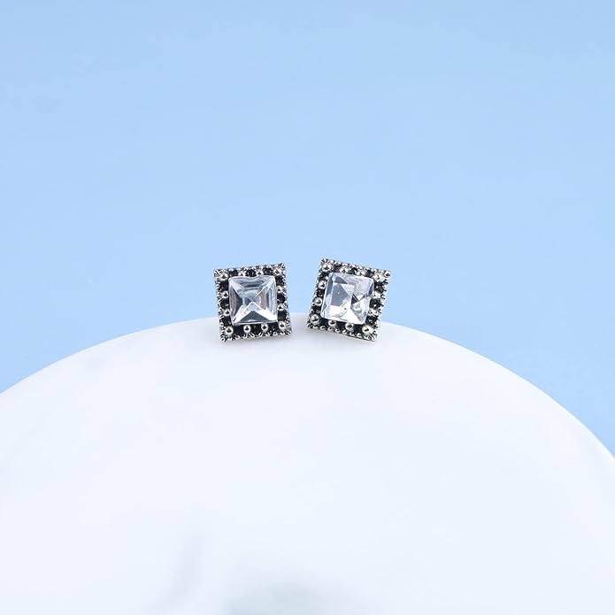 Boho Tiny Crystal Square Earrings Silver Cz Square Earrings Cz Rhinestone Square Stud Earrings Silver Geometric Earrings Jewelry for Women and Girls-Velvo Beauty