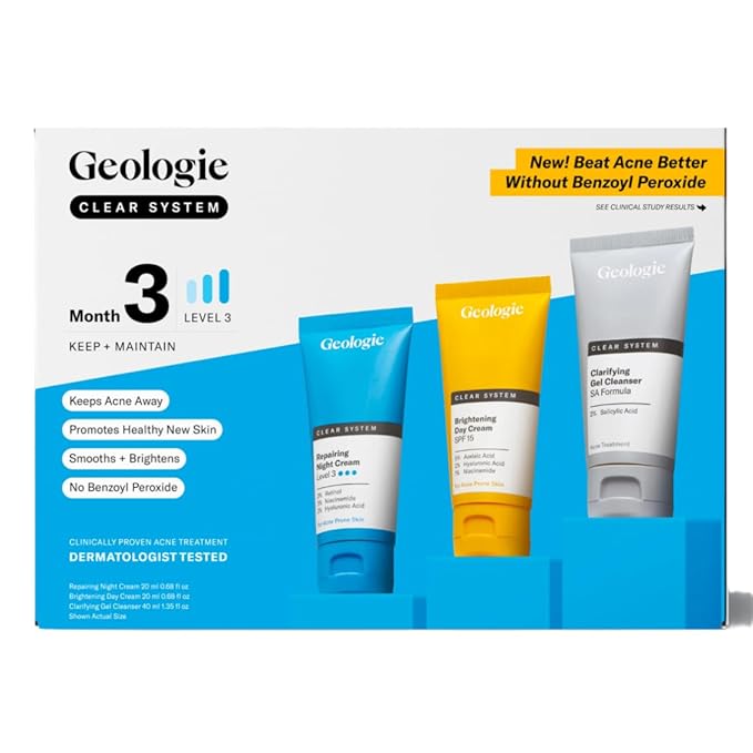 Geologie Clear System | 3-Step Acne Treatment & Skincare Set | Clears Skin Fast | Acne Gel Cleanser, SPF15 Day Cream & .2% Retinol Face Cream For Men & Women | Month 2 / Level 2-Velvo Beauty