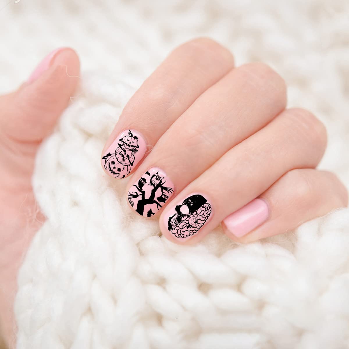 6 Pcs Halloween Nail Stamping Plate Skull Bat Witch Spider Web Halloween Nail Stamper Kit Pumpkin Grimace Blood Design Nail Template Decoration-Velvo Beauty