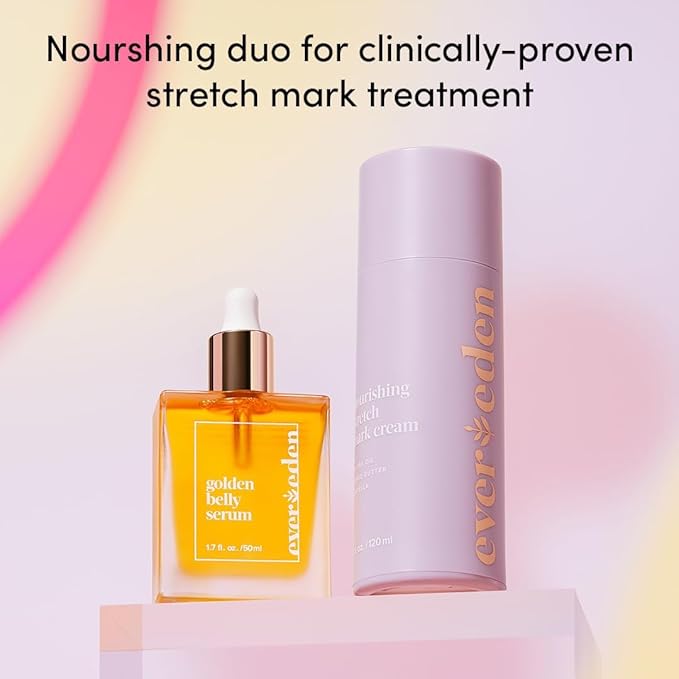 Evereden Mama DUO w/t Gua Sha - Golden Belly Stretch Mark Oil & Nourishing Stretch Mark Cream - Dermatologist-Developed Clean & Vegan Maternity Skin Care for Skin Hydration-Velvo Beauty