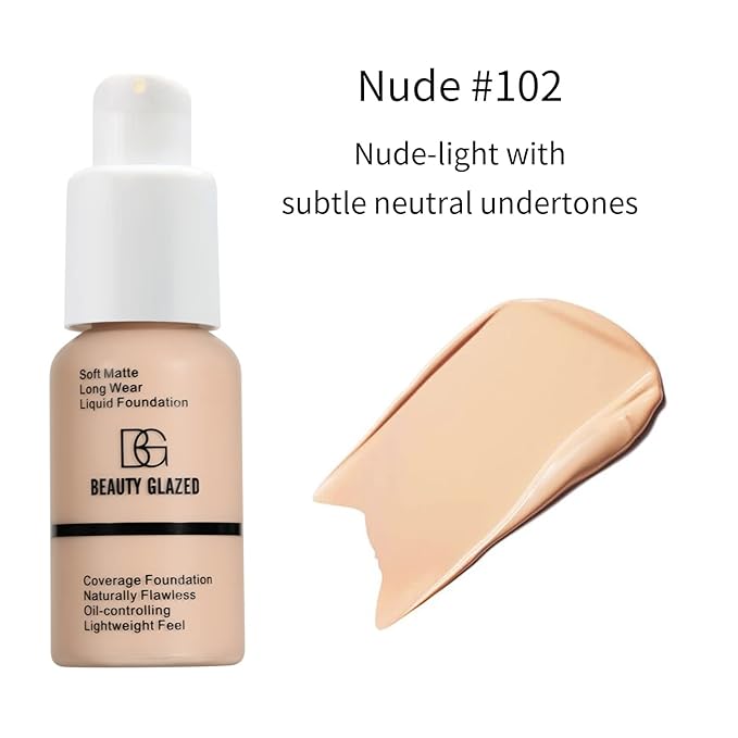 Beauty Glazed Soft Matte Silky Full Coverage Liquid Foundation, Multi-Use Buildable Foundation Lightweight Feel Oil Control Longwear Naturally Flawless Coverage Foundation (102 Nude)-Velvo Beauty