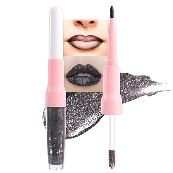 evpct Black Metallic Glitter Lip Liner and Lipstick Combo Lip Gloss Stain Set Makeup for Women Long Lasting Waterproof 24, Goth Gothic Halloween Metallic Shimmer Frosted Iridescent Liquid Lipstick 17-Velvo Beauty
