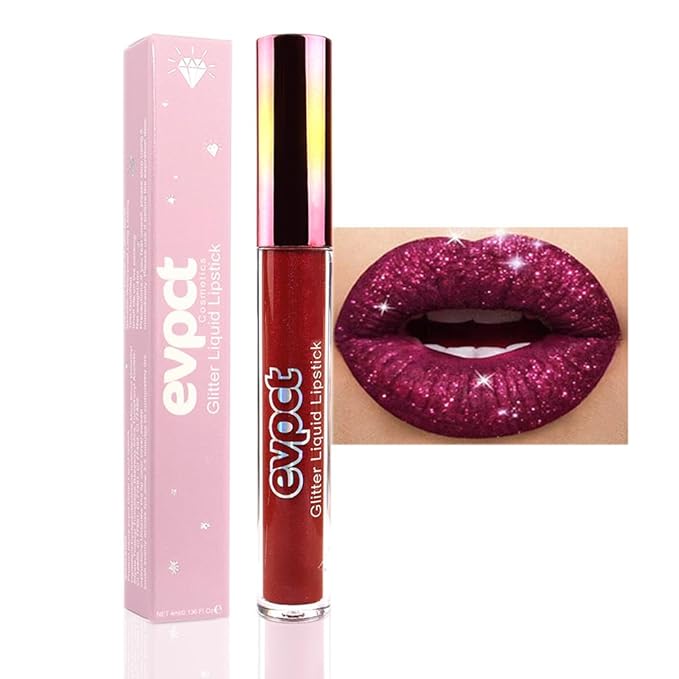 evpct 1Pcs Dark Red Glitter Metallic Shimmer Diamond Lipstick Lip Gloss Stain Set for Women Long Lasting Waterproof, Hot Bright Red Sparkle Glitter Matte long wear Liquid Lipstick Lip Makeup Kit-Velvo Beauty