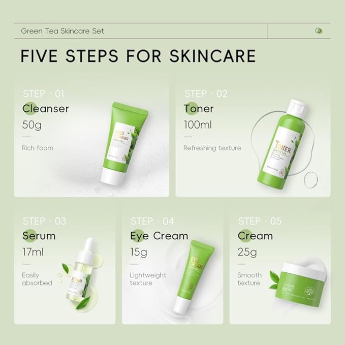 Skin Care Set, Green Tea Skin Care Sets & Kits, Skin Care for Teenage Girls Gift Set with Cleanser, Toner, Serum, Eye Cream, Facial Cream, Facial Skin Care Sets & Kits for Teenage Girls Women-Velvo Beauty